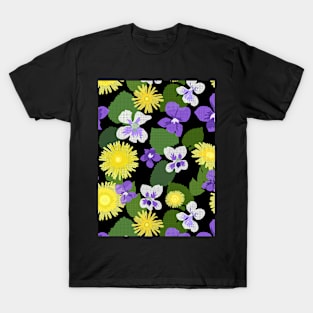 Cross-stitch Dandelions and Violets on Black Vertical T-Shirt